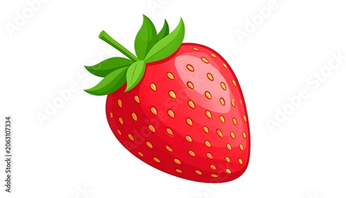 A vibrant red strawberry with green leaves and yellow seeds on a white background