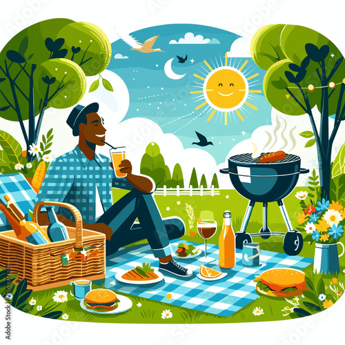 Man enjoying a sunny picnic with BBQ and drinks in a vibrant summer landscape