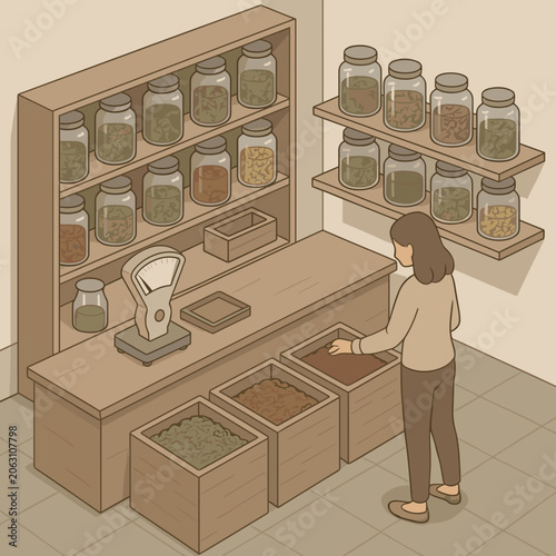 Woman shopping for spices in a minimalistic store interior with jars on shelves