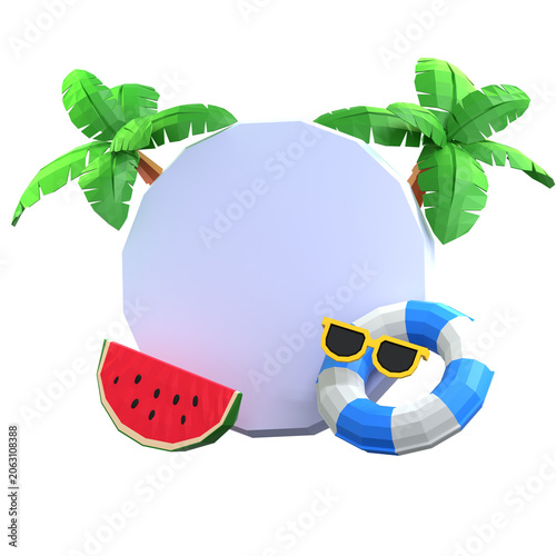 Low Poly Summer Sale Banner with Watermelon Sunglasses and Lifebuoy