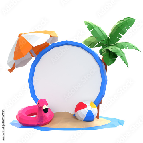 Low Poly Beach Summer Sale Banner with Umbrella Flamingo Float and Ball