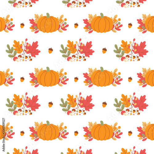 Autumn seamless pattern with pumpkins mushrooms and colorful leaves on white backdrop. Vector fall texture with acorns and seasonal foliage.
