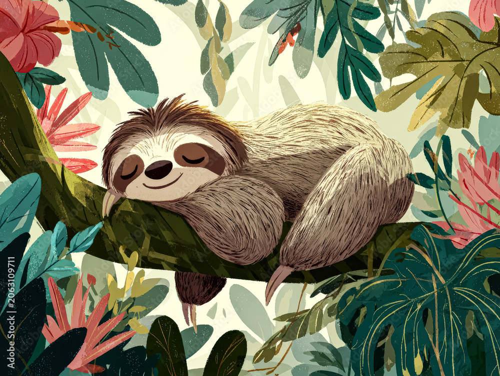 Naklejka premium Sloth Sleeping on Tree Branch in Lush Jungle Illustration
