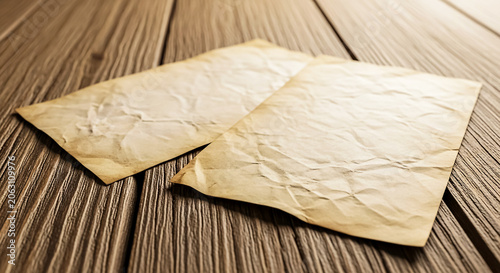 Two Crumpled Parchment Papers on Wooden Surface
