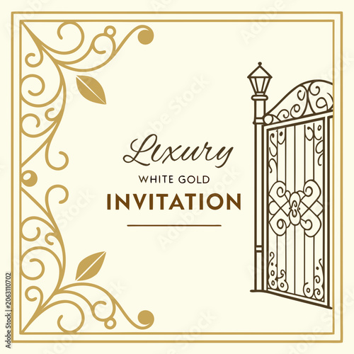 Luxury white and gold invitation card template with ornate gate and swirl patterns invitation template decorative