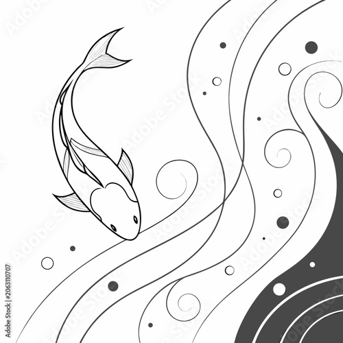 Koi fish swimming in water with decorative swirls line art swimming japanese illustration monochrome minimalist