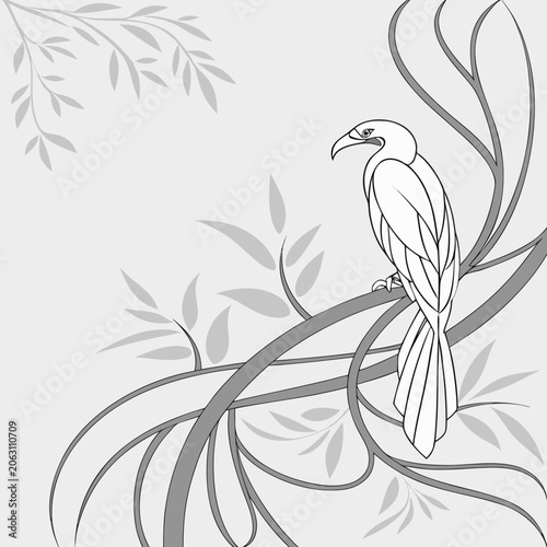 Stylized line art illustration of a bird perched on a curved branch with wildlife minimalist ornamental decorative