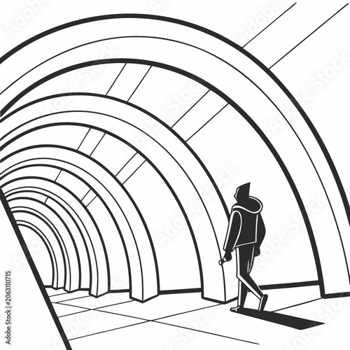 Person walking through a modern tunnel structure line art with perspective architecture corridor illustration