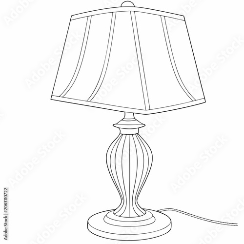 Classic table lamp line art illustration with decorative shade and fluted base black and white illustration furniture