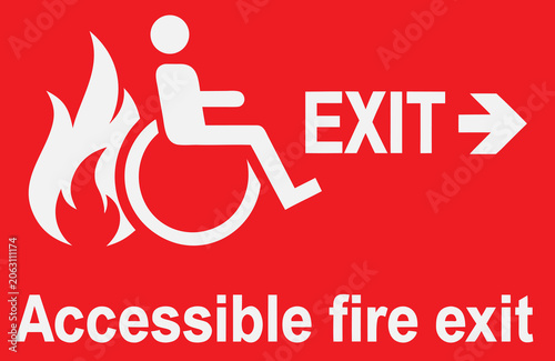 Accessible fire exit sign with emergency wheelchair symbol and exit arrow
