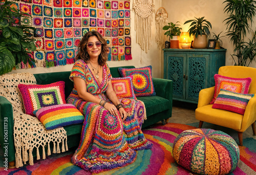 A whimsical lady sitting on a green sofa in a living room filled with colorful crochet, surrounded by walls, furnishings, and accessories covered in hand-knitted patterns.