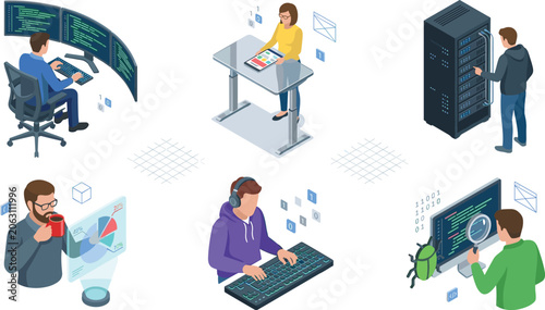 Information technology and software deve featuring professional comput administration debugging office workflow vector illustrations