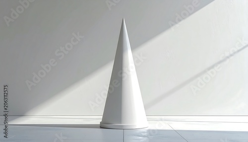 A white cone-shaped object on a white tiled floor with sunlight casting a shadow on the wall