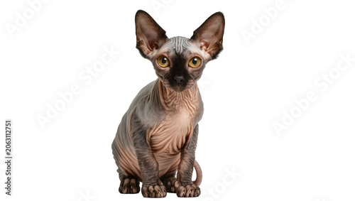 Photos Sphynx cat with large ears and yellow eyes sitting