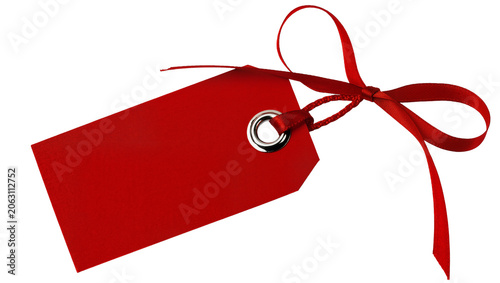 Foto Red gift tag with ribbon bow and metal grommet