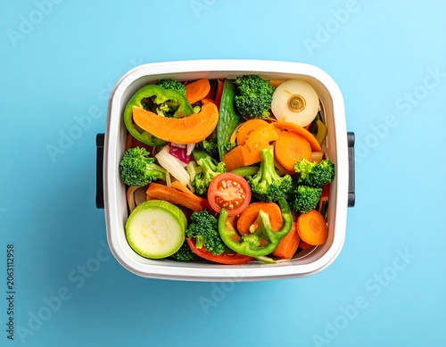 A white container filled with assorted colorful vegetables on a blue background