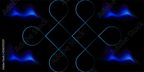 Tableau sur toile Abstract blue geometric endless knot on black background with gradient blue waves in corners