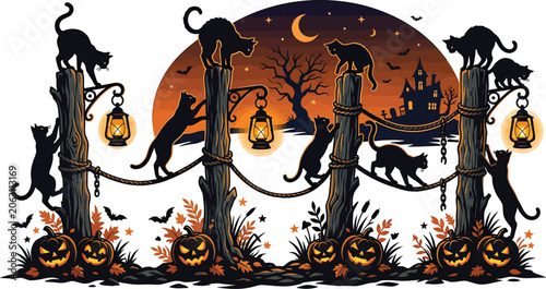 Moonlit Feline Lantern Path with Harvest Nightscape and Enchanted Autumn Village Vector Illustration