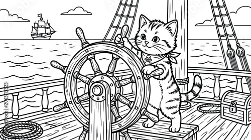 Seafaring Kitten Captain at Wooden Ship Helm Ocean Adventure Coloring Page Vector Illustration