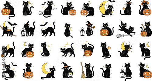 Enchanted Feline Harvest Collection with Moonlit Autumn Symbols and Mystical Silhouette Vector Set