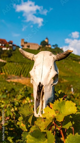 A white cow skull with horns in a vineyard under a blue sky