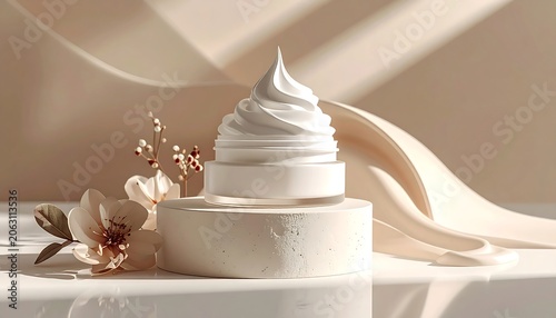 A white cream product on a cylindrical base with flowers and fabric