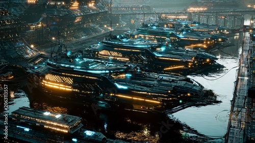 Futuristic harbor with massive glowing vessels and industrial city background for sci-fi concept art, featuring neon blue and orange lights with copy space.