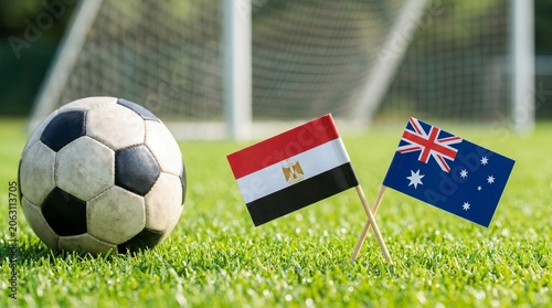 Egypt and Australia Football Match Background - Classic Soccer Ball and National Flags on Grass Field with Goal Post