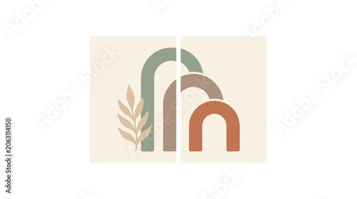 Boho Arch Abstract Art with Leaf, Neutral Colors, Modern Mid Century Decor