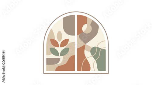 Boho Abstract Window Art with Plant and Geometric Shapes
