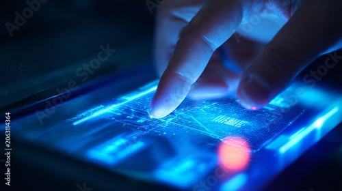 Extreme close-up of a finger touching a glowing blue digital screen with intricate circuitry patterns, ideal for biometric security and tech innovation visuals.