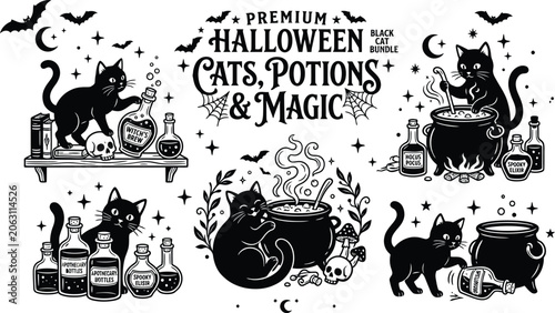 Premium Halloween Cat Potions and Magic Collection with Mystical Witchcraft Elements Vector Set