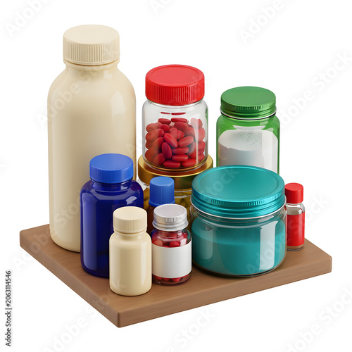 Medicine Bottles and Jars on Wooden Surface