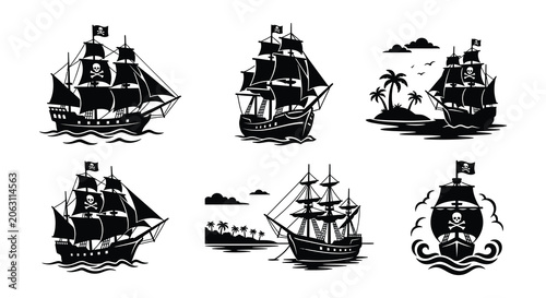 Obraz na płótnie Pirate Ships Collection Black Silhouette Vector Illustration On White Background