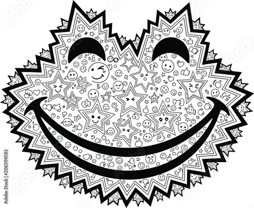 World Smile Day Smiling Mandala Face with Decorative Star Pattern Coloring Page Vector