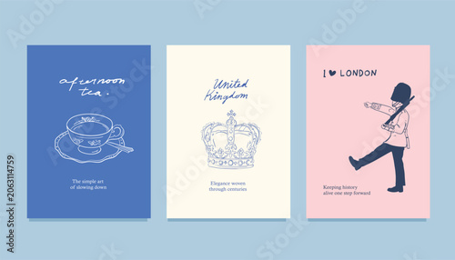 Photos London Travel Poster Set with Royal Guard Crown and Afternoon Tea Illustration