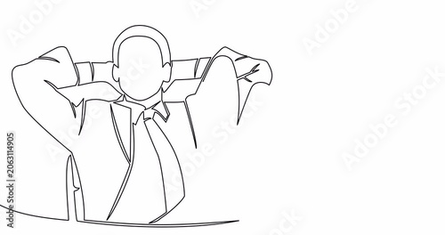 Self drawing line animation Success investment earn more easy growing profit trading businessman investor relax and sleep on growing graph continuous line drawn concept video