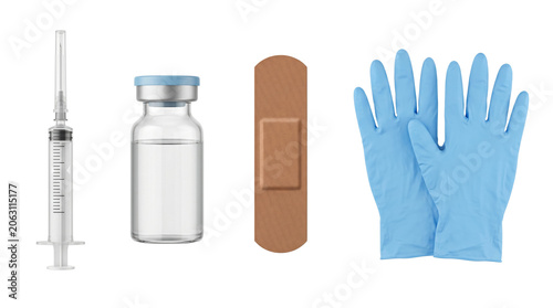 Photos Medical first aid kit items including gloves and syringe ,isolated on transparen