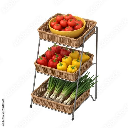 Realistic Tiered Fruit Basket with Tomatoes and Peppers