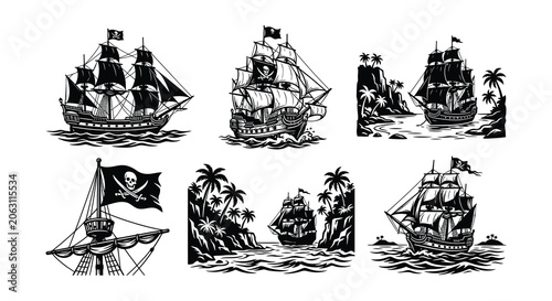 Photos Pirate Ships Collection Black Silhouette Vector Illustration On White Background