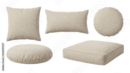 Photography Five minimalist linen throw pillows, isolated on transparent background