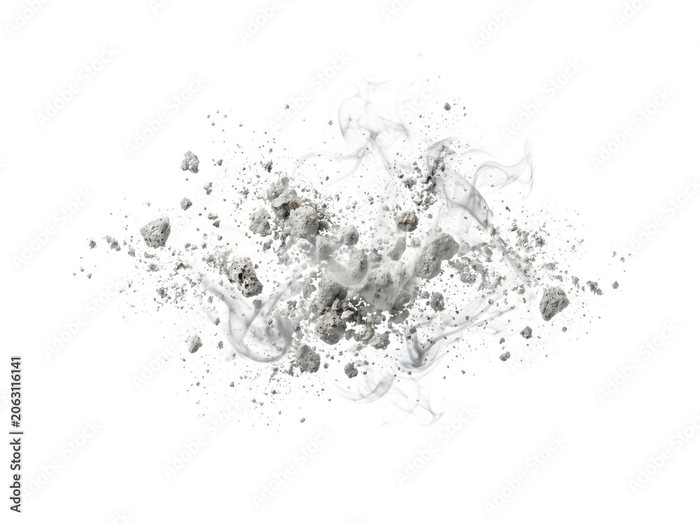 Obraz premium White smoke cloud with floating stone debris and dust particles on transparent background for destruction visual effect.