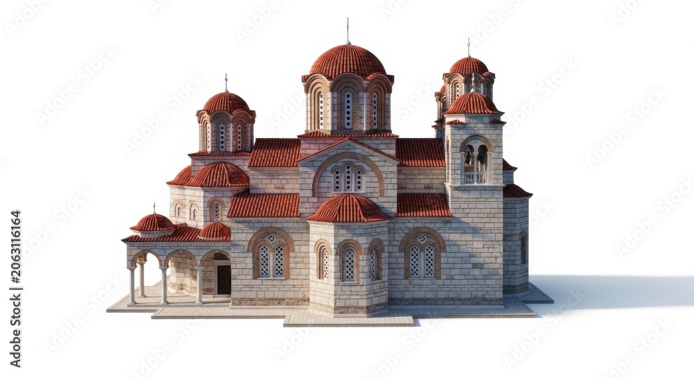 Obraz premium Orthodox Christian Church Building Facade with Red Domes and Bell Tower