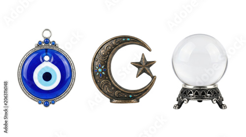 Photos Mystical tools evil eye amulet crescent moon and crystal ball, isolated on trans