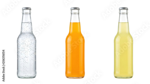 Photos Three glass bottles filled with carbonated drinks, isolated on transparent backg