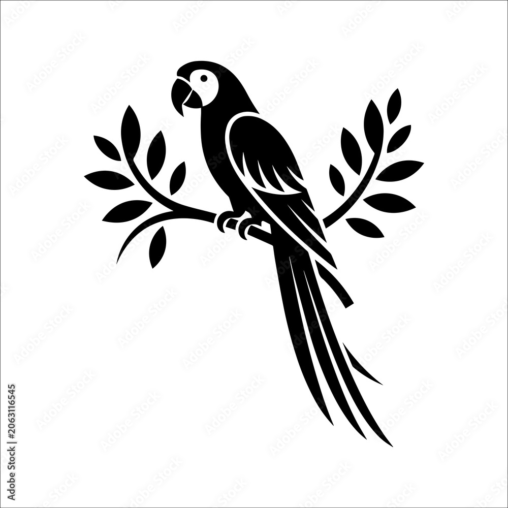 Fototapeta premium Macaw parrot sitting on branch silhouette vector illustration with silhouette
