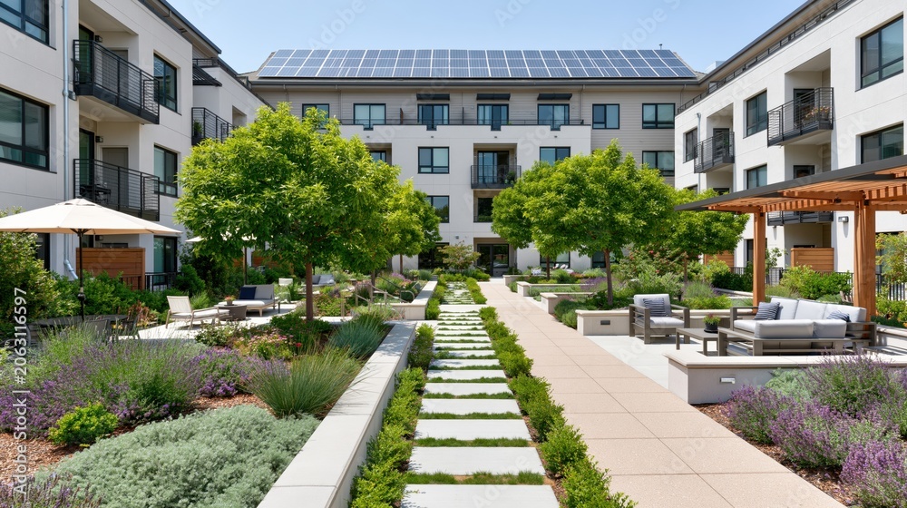 Fototapeta premium Modern apartment courtyard with solar panels and native plant landscaping