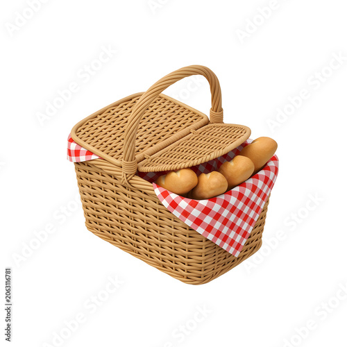 Wicker picnic basket with bread rolls and red gingham cloth