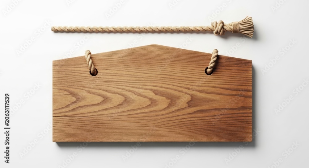 Fototapeta premium Blank Wooden Sign Hanging by Rope With Knot on White Background