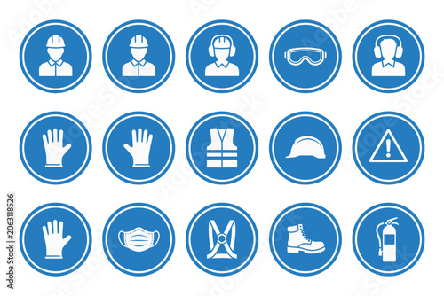 Mandatory personal protective equipment icon set, blue circular industrial safety symbols for hard hat eye ear protection and safety vest.